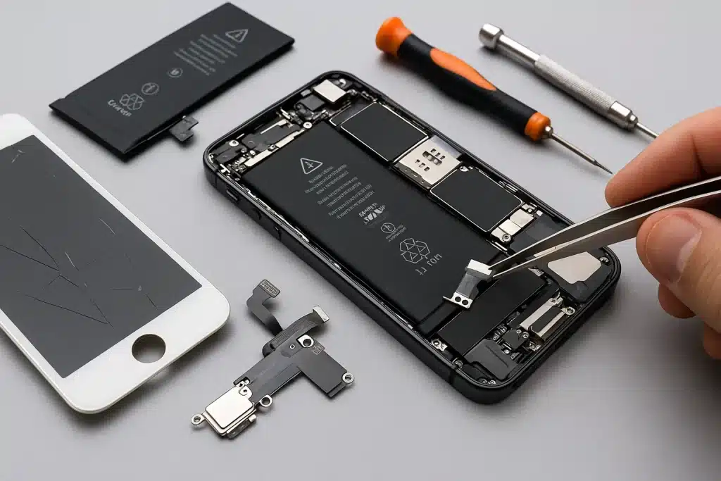 “Technician repairing iPhone screen and battery parts – iFonewala Noida Apple repair service for Sectors 137, 141, 142, and 143”
