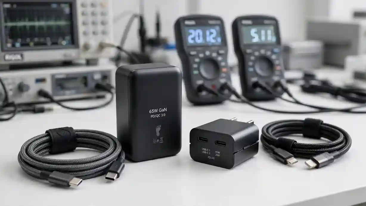 Premium fast mobile chargers, braided USB-C cables, and premium type-c power adapters displayed on a professional workbench counter at iFonewala in Gaffar Market Delhi.